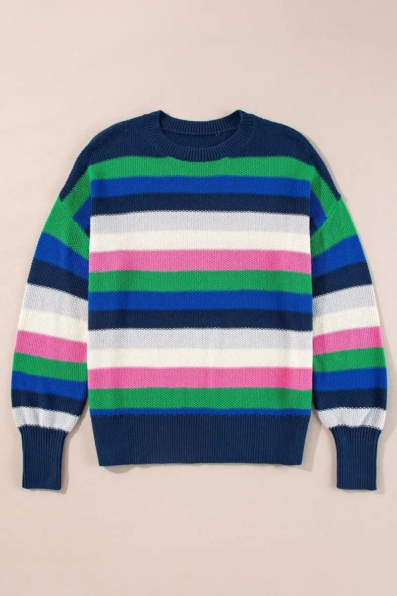 Vibrant Green Striped Drop Shoulder Crew Neck Sweater - Love Salve